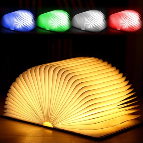 GOMETY Hölzerne Faltende Buchlampe, 21x17x2.5cm LED Buch Licht Dekorative USB Aufladbare 5 Farbmodi 360°Faltbar Deko Lampen Buchformig Nachtlicht für Geschenk Freundin Kinder Eltern Home Decor
