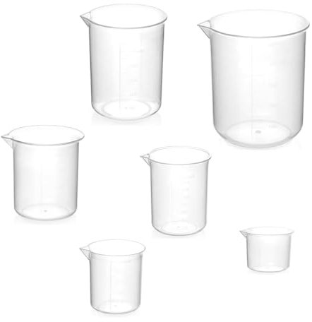 Lot de 6 Doseur Plastique 25/50/100/150/250/500ML Bécher Gradué Tasses à Mesurer Résistant à la Chaleur Transparent pour Test en Laboratoire