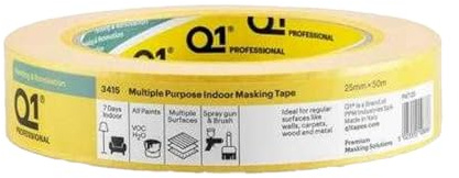 Q1® 3415 Multi-Purpose Premium Masking Tape, Suitable for Painting & Renovation, Automotive, Ideal for Surfaces like Walls, Carpets, Wood, Metal and all Paint Types [Single Roll] (24mm)