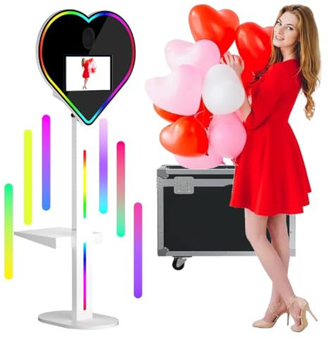 DSLR Mirror Photo Booth, Camera Photobooth Heart Shape Magic Mirror Photo Booth Machine with15.6 Inch Touch Screen for Wedding Parties Events Rental, with Flight Case,White