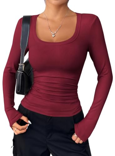 HOTOUCH Women's Long Sleeve Shirts Crew Neck Casual Slim Fit Rib Knit Tops | Stretch |Sexy|Autumn Winter|Basic|Business work Tee|XS-XL