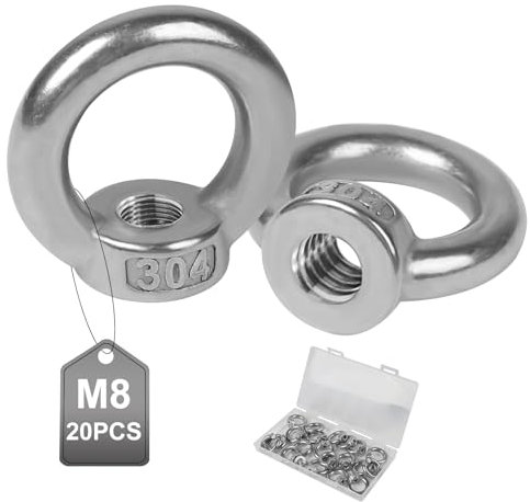 EXLECO 20 Pcs Écrou à Oeil de Levage M8 en Acier Inoxydable Écrou à Anneau Bague Anneau de Levage Anneaux Femelle Anneaux en Inox pour Accessoires de Levage Fixer Pots de Fleurs Auvents Cordes à Linge
