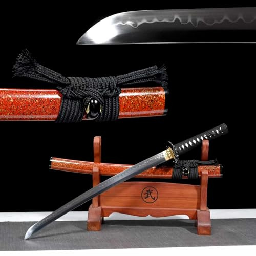 78cm handgefertigtes Wakizashi,Klinge aus T10-Stahl mit handgebranntem Flammenmuster,Scheide aus Massivholz mit Lack,echtes Samurai-Schwert zur Dekoration,Präsentation,Spielen,Rollenspielen,Kampfsport