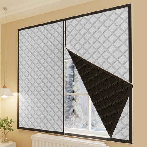 Kit Aislante Termico Ventanas, Cortinas de Aislante Termico Autoadhesivo para Ventanas, Resistente Viento y Ruido, Aislamiento de Ventana de Invierno, para Hogar, Oficina, Bano