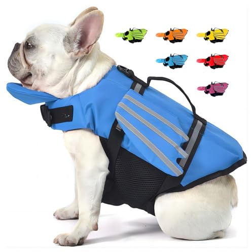 Giubbotti di Salvataggio Per Cani con Ali Giubbotto Salvagente Per Animali Domestici con Mento Galleggiante Salvagente Gilet con Manico e Riflettente per Nuoto e Barca Blu XL