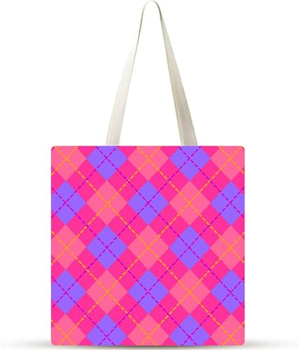 Cuadros rosa y azul Bolsa de Lona 38x34cm Tote Bag sin Cremallera,juego de 1 Canvas Tote Bags para Mujer, Bolsa de Compras Plegable, Bolso de Mano Lavable para Compras, Trabajo, Vida Cotidiana, Viajes
