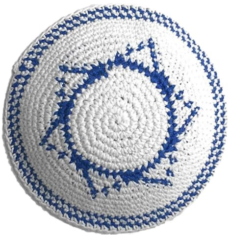 Uzztfa Handstickad kippahatt för män, klassisk judisk mössa, traditionell kippa, rund Jerusalem hatt, Vit + blå, One Size