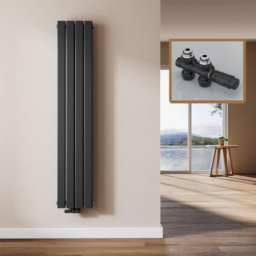 EMKE Design Heizkörper Schmal Hoch, 1600x304 mm Vertikal Flachheizkörper mit Mittelanschluss, Doppellagig Schwarz Paneelheizkörper Wandheizkörper für Bad, Schlafzimmer & Wohnzimmer, 966W