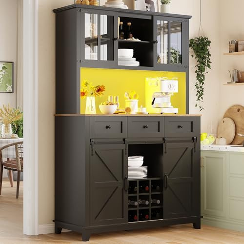 Gegtuon Küchenschrank Vitrinenschrank mit LED-Licht, Buffetschrank Küchenschränke mit Regal und Türen für Küche, Mehrzweckschrank Hochschrank mit Ablagen und 3 Schubladen, 180x105x40 cm (Schwarz)