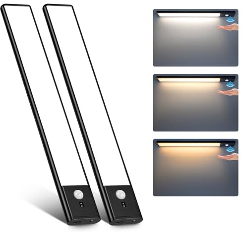 80 LED Motion Sensor Under Cabinet Lights with Hand Wave, 3 Color Temps Indoor Dimmable Closet Light, Rechargeable Wireless Magnetic Strip Night Lights for Hallway, Stairway, Wardrobe(2 Pack, 12 inch)