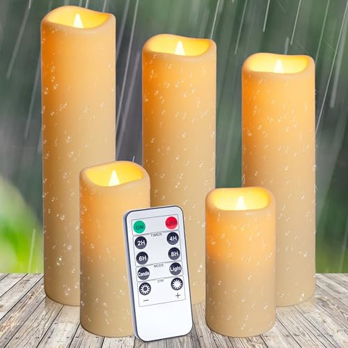 Auralome LED Kerzen Timer Outdoor - Fernbedienung Flammenlose Kerze Set Flamme Wasserdicht Batterie Elektrische Timerfunktion Stumpenkerzen Flackernde Aussen Große Kerzen Kunststoff Weiß Deko 5 Stück