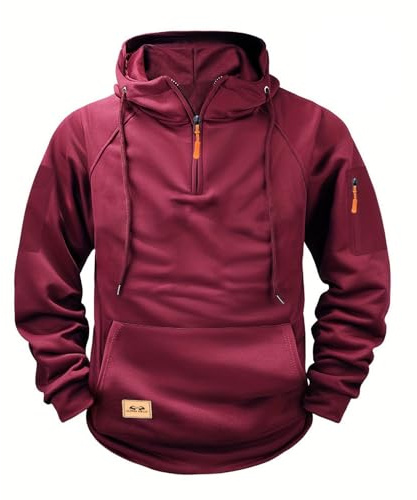 Hoodies for Men,Work Jumpers Mens Fleece Lined Cargo Military Hooded Sweatshirt Patchwork Tactical Pullover Tops Winter Gym Sports Outfits Hoody Essentials Hoodies with Zip Pockets Wine