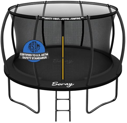 Seray 10FT 12FT 14FT Recreational Trampoline with Enclosure Net and Ladder and Anti-Rust Coating, ASTM Approved Trampoline Outdoor for Kids and Adults Outdoor Yard Trampolines (Black, 12FT)