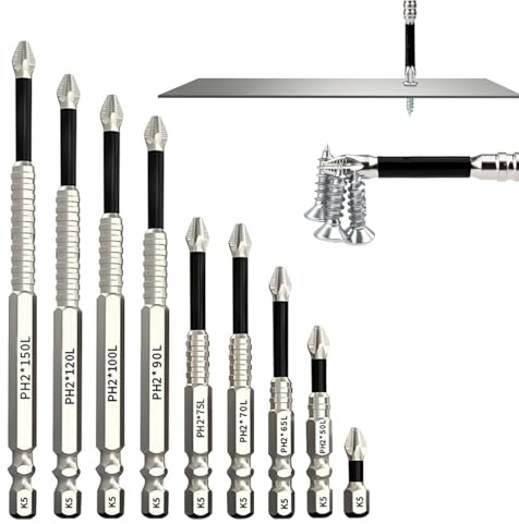 BCENG Set di 9 cacciaviti altamente magnetici da 25 – 150 mm, set di punte per trapano elettrico, punta antiscivolo