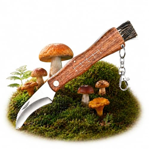 BXUUXA Cuchillo para Setas y Jardín,Navaja Plegable Multiusos de Bolsillo con Mango de Madera y Cepillo Acero Inoxidable Navaja para Setas Mushroom Knife para Exterior para Camping, Caza, Pesca