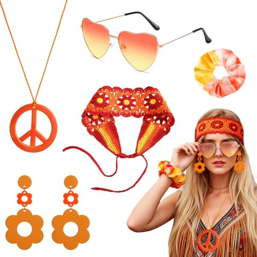Eopvttge 5 Stück Hippie Kostüm Accessoires, Orange herz sonnenbrille Haarreif Ohrringe peace kette Boho Stirnband, 70er Jahre Outfit Damen Accessoires, für Karneval Cosplay Mottoparty