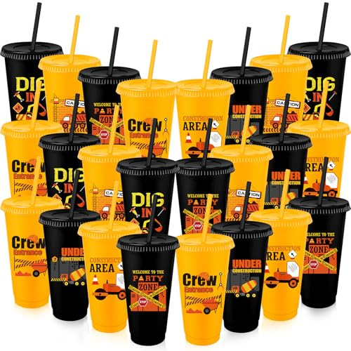 MSYU 24 vasos de plástico de construcción de 700 ml con temática de construcción, vasos reutilizables con tapa y popote para suministros de fiesta, decoraciones de cumpleaños