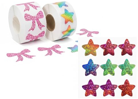 Holographic Reward Stickers Roll, Star & Pink Glitter Bow, 2 Pack | 1000 Pcs, Sparkly Labels, 2.5cm Self-Adhesive, Teacher Stickers for Kids