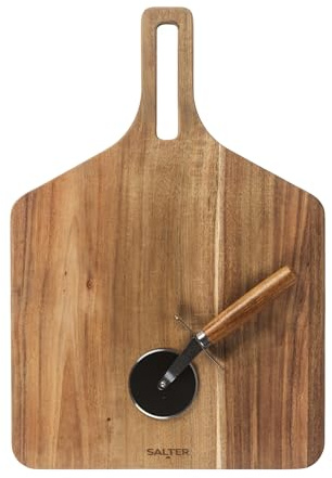 Salter Toronto Pizza Board and Cutter Set, 12 Inch Acacia Wood | Reversible double sided board, includes matching pizza cutter, serving for pizza cheese meat, round 12 inch format