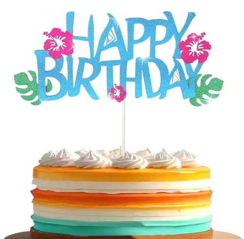 Decoración para Tartas de Cumpleaños, Happy Birthday Cake Topper Azul, Adorno Estilo Tropical Luau, Ideal en Fiesta Hawaiana y Baby Shower