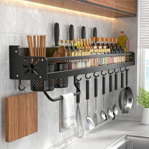 SOONHUA Portaspezie a Parete Senza Foratura per Cucina, con 2 Supporti per Utensili e 8 Ganci, Resistente fino a 50 kg, Ideale come Portaspezie Appendibile per Barattoli, Armadio Cucina e Ripostiglio