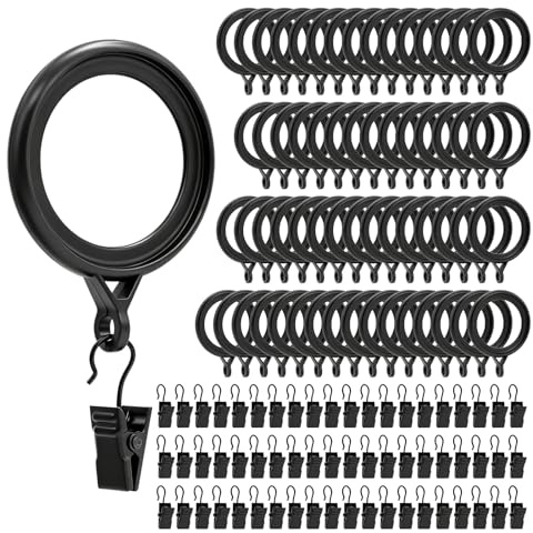 NVGFTG 60 Stück Gardinenringe mit Clips Schwarz Vorhangringe mit Clips Innendurchmesser 35mm Kunststoff Curtain Rings und Metall Vorhang Klammern für Stange Fenster Tür Duschvorhang Wäscheleine