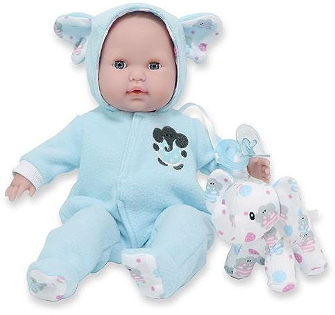 JC Toys Berenguer Boutique-Puppe, 38 cm, weicher Körper, Augen öffnen und schließen, inklusive Kleidung und Elefanten-Plüschtier, blau, entworfen von Berenguer, ab 2 Jahren