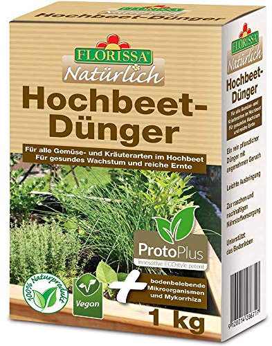 Florissa Natürlich Bio Hochbeet-Dünger | Bio und VEGAN mit rein pflanzlichen Inhaltsstoffen | schnellster Bio-Dünger durch ProtoPlus | Natur im Garten und biologisch GÄRTNERN Gütesiegel, 1000 g