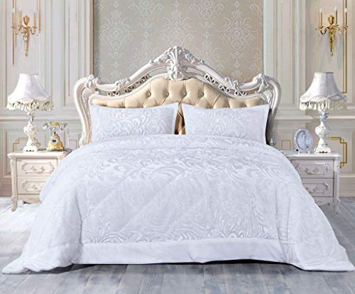 PHP Luxury Quilted Bedspreads 3 Piece Velvet Bedding Set Double Bed for Bedroom Decor - Super Soft Embossed Pattern Sofa Bed Throws with 2 Pillow Case - White