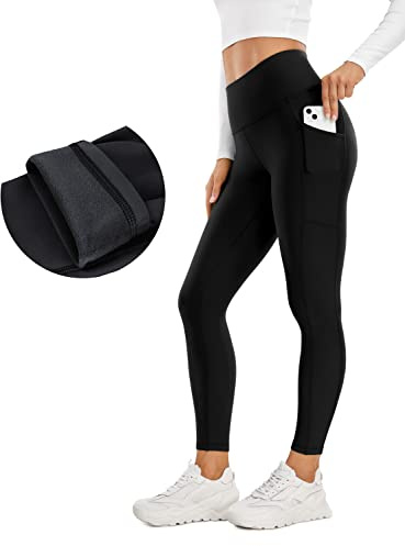 CRZ YOGA Thermal Fleece Fodrade Leggings Kvinnor 25 '' - Hög midja vinterträning vandringsbyxor med fickor Varma löpning Tights Svart S