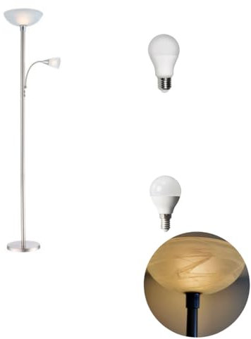 Lichthandel Hoch LED Deckenfluter Fluter Stehleuchte Stehlampe Wohnzimmer Flexarm Leseleuchte nickel matt chrom alabasterfarbig weiß m. Schalter, D: 30cm H: 181cm incl. 1 x E14 + E27 LED austauschbar