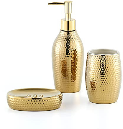 Set di 3 dispenser di sapone oro, set di accessori da bagno in ceramica, portasapone e lussuoso bicchiere portaspazzolino per bagno e WC degli ospiti