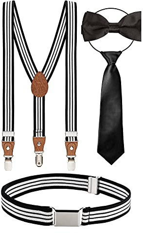 BomGuard Juego de 4, Tirantes para niños + Pajarita + Corbata + Cinturón, Negro de 4 rayas