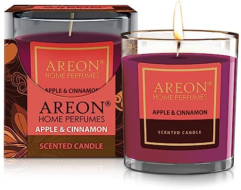 areon Vela aromática en vaso de cristal, colección prémium, duración de combustión de hasta 25 horas, aroma de manzana y canela