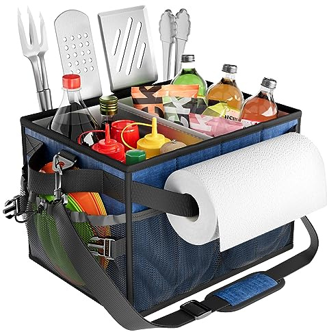 FANGSUN Large Grill and Picnic Caddy with Paper Towel Holder, BBQ Organizer for Utensils, Plates, Condiments, Collapsible & Easy-Carry Griddle Caddy, Must-Haves for Outdoor, Camper, Travel, Car, RV