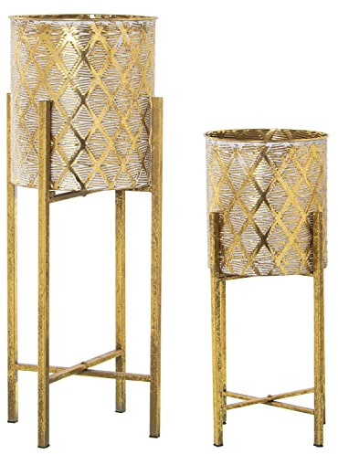 DRW Set mit 4 Blumentöpfen 2 + 2 aus Metall mit Fuß in Gold 30 x 74 cm und 25 x 54 cm, Mehrfarbig, estandar