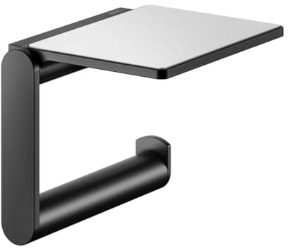 KEUCO Toilettenpapierhalter aus Metall schwarz matt pulverbeschichtet, Ablage, Anti-Rutsch-Einlage, WC-Rollenhalter für Badezimmer und Gäste-WC, Plan Black Selection