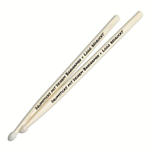 1 Paar Personalisierte Hickory-Drumsticks | mit Nylon-Kopf | mit Wunsch-Druck | handgeölte Schlagzeug Sticks mit Druck personalisiert - verschiedene Größen | eins der besten Drummer Geschenke (5A)
