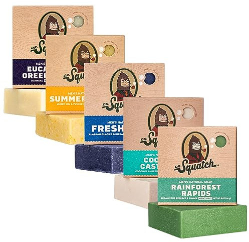 Dr. Squatch Natural Men’s Bar Soap - Cold Process Body Soap Bar with Natural Oils - Gifts for Men - Summer Citrus, Coconut Castaway, Fresh Falls, Coastal Mist & More (5 oz, 5-Pack, Scents May Vary)