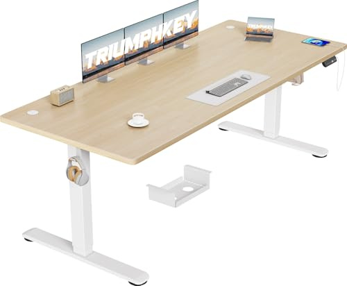 TRIUMPHKEY Höhenverstellbarer Schreibtisch 200x80cm,Sitz‑Erinnerung & USB-A | Schreibtisch Höhenverstellbar mit 3 Memory-Steuerung,Sitz‑Erinnerung & Kabelmanagement, Computertisch,Standing Desk, Beige