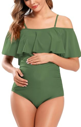 SHEKINI Maillots de bain de maternité une pièce à épaules dénudées maillot de bain à volants pour grossesse, Vert, 3XL