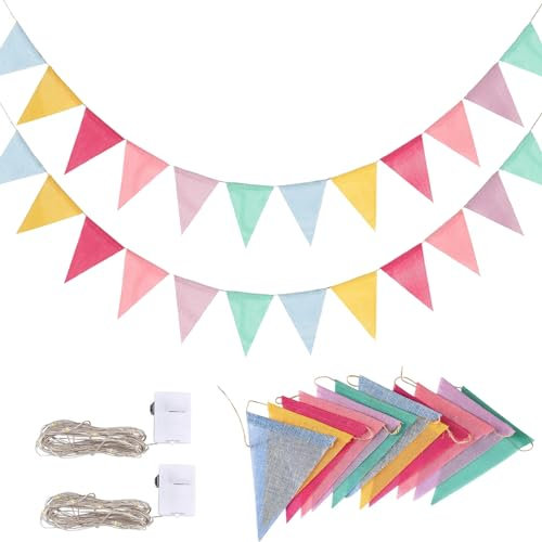 Guirnalda de banderines para exteriores, resistente a la intemperie, con cadena de luces LED, 2 unidades, guirnalda de cumpleaños, para exteriores, 24 banderines para exteriores, banderines de arco
