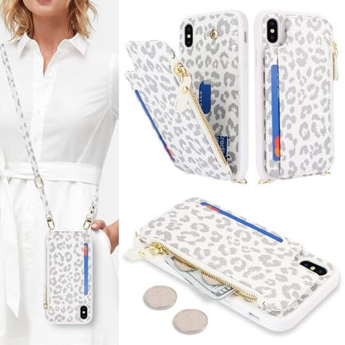 SailorTech Handyhülle für iPhone X Etui mit Kartenfach, iPhone XS Hülle mit Verstellbarer Halskette, iPhone X/XS Handytasche mit Reißverschluss Geldbörse - Weißer Leopard