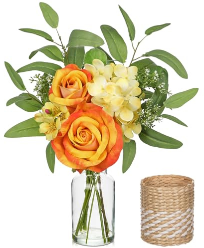 Hollyone Künstliche Blumen Rosen mit Vase, Falsche Rose Blumen Orange, Faux Pflanzen und Blumen in Vase, Hortensie Seidenblumen in Glasvase für Tisch Centerpiece, Haus, Büro, Hochzeit Dekoration