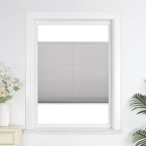 Joyswahl Plissee Rollo ohne Bohre, Klemmfix, Sonnenschutz, Lichtdurchlässig, Sichtschutz, Faltrollo mit Klemmträger für Fenster 1er Pack Grau BxH 45x110cm