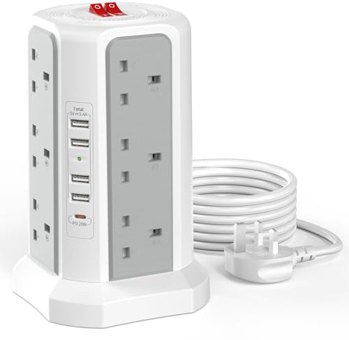 Tower Extension Lead with 5 USB Slots with 20W USB C Fast Charger (13A 3250W), HAFINO 12 Way Plug Extension Tower, Surge Protected Extension Lead with Switch, Multi Plug Socket with 3M Extension Cable