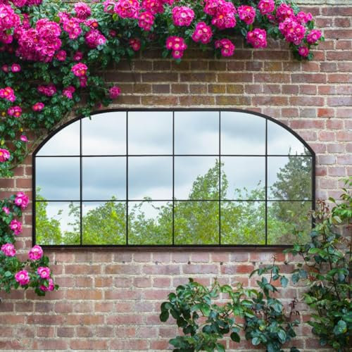 The Arcus - Black Metal Framed Window Arched Garden Wall or Fence Mirror 69 X 33 (174CM X 85CM)
