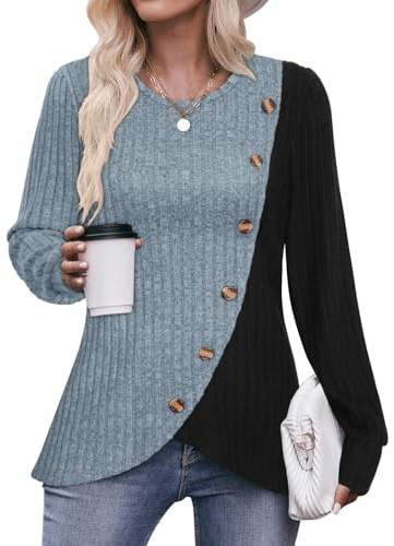 Flikity Ladies Jumpers Casual Crew Neck Tops Womens Long Sleeve Tops | Decorative Buttons Side Tunic Sweatshirts Pullover Lightweight Sweaters Spring Autumn Winter Clothes S-3XL