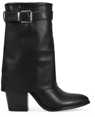 BOSANOVA Botas de tacón para Mujer de caña Media con faldón y Detalle de cinturón con Hebilla metálica en la caña. Suela de Puntera Alargada con tacón Ancho. Calzado para Mujer Negro 38