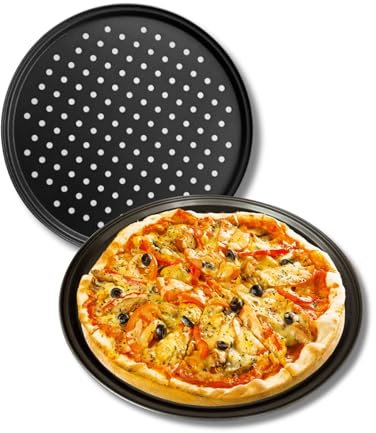 OlBuWa Pizzablech 2er Set, Pizzablech Rund 30cm, Pizza Tray with Holes Pizzablech, Pizza Backblech mit Antihaftbeschichtung für Pizza, Flammkuchen, Carbonstahl